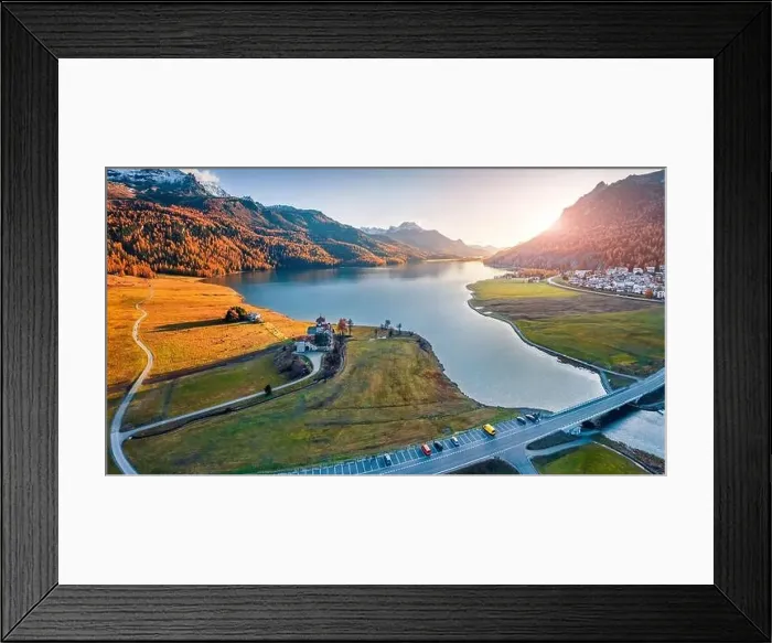 Framed Print : View from flying drone. Exciting autumn scene of Silvaplana village Framed Print : View from flying drone. Exciting autumn scene of Silvaplana village