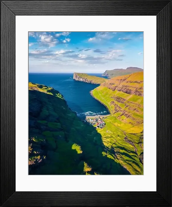 Framed Print : View from flying drone. Impressive summer view of Tjornuvik village with Eidiskollur cliffs on background Framed Print : View from flying drone. Impressive summer view of Tjornuvik village with Eidiskollur cliffs on background