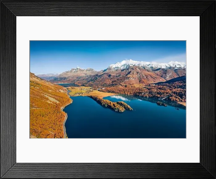Framed Print : View from flying drone. Unbelievable autumn view of Sils lake Framed Print : View from flying drone. Unbelievable autumn view of Sils lake