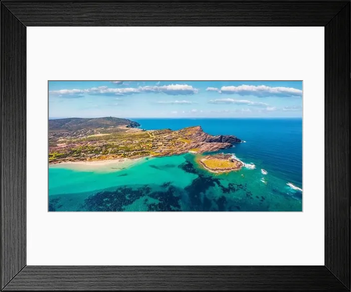 Framed Print : View from flying drone. Breathtaking summer view of Falcone cape and Torre della Pelosa tower Framed Print : View from flying drone. Breathtaking summer view of Falcone cape and Torre della Pelosa tower