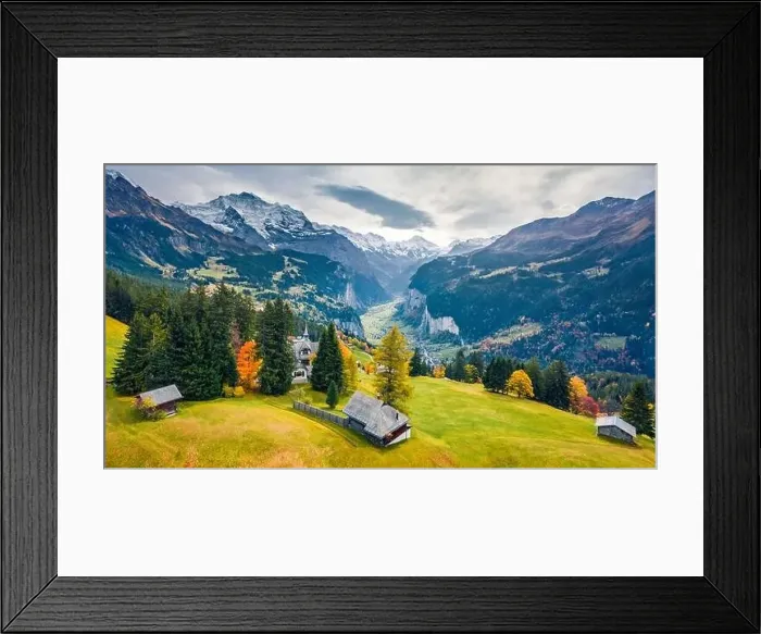 Framed Print : View from flying drone of Wengen village Framed Print : View from flying drone of Wengen village