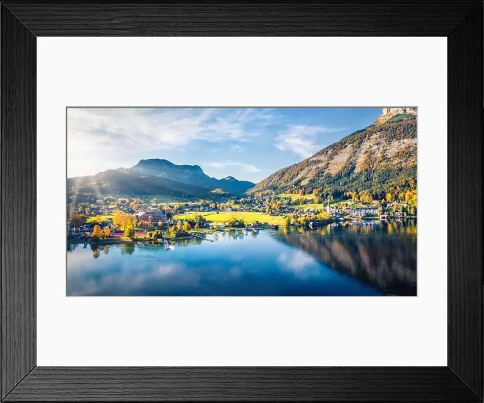 Framed Print : View from flying drone. Sunny autumn view of Altaussee village Framed Print : View from flying drone. Sunny autumn view of Altaussee village