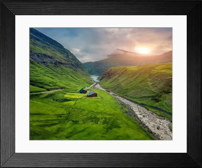 Framed Print : View from flying drone. Breathtaking sunset Saksun village Framed Print : View from flying drone. Breathtaking sunset Saksun village