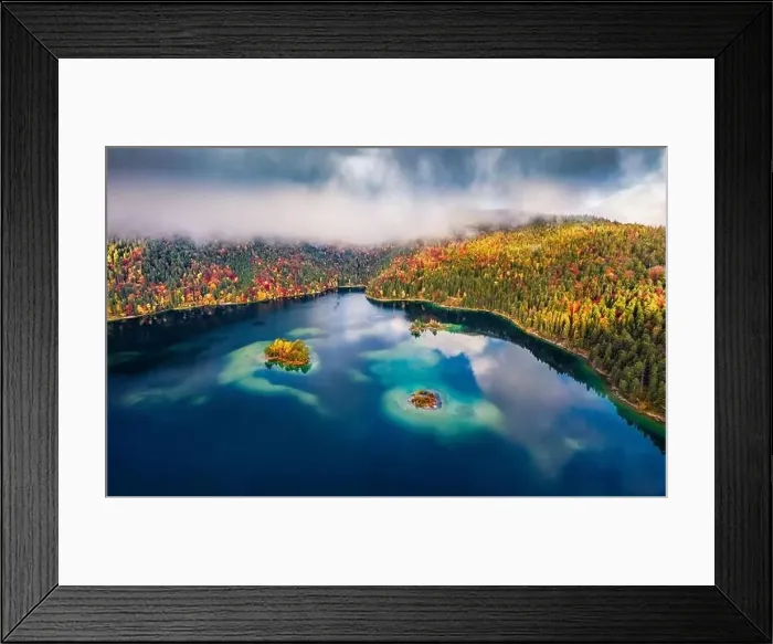 Framed Print : View from flying drone. Small islands on Eibsee lake Framed Print : View from flying drone. Small islands on Eibsee lake