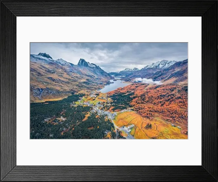 Framed Print : View from flying drone. Gloomy autumn view of Sils lake Framed Print : View from flying drone. Gloomy autumn view of Sils lake