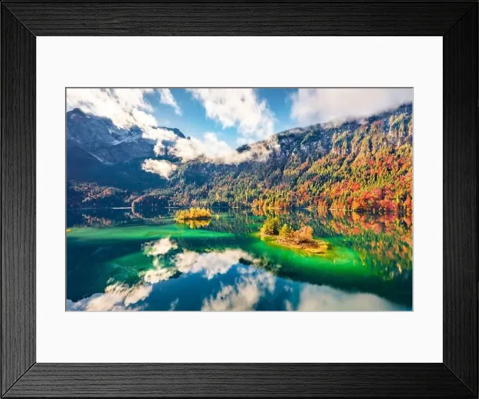Framed Print : View from flying drone. Misty morning view of Eibsee lake with Zugspitze mountain range on background Framed Print : View from flying drone. Misty morning view of Eibsee lake with Zugspitze mountain range on background