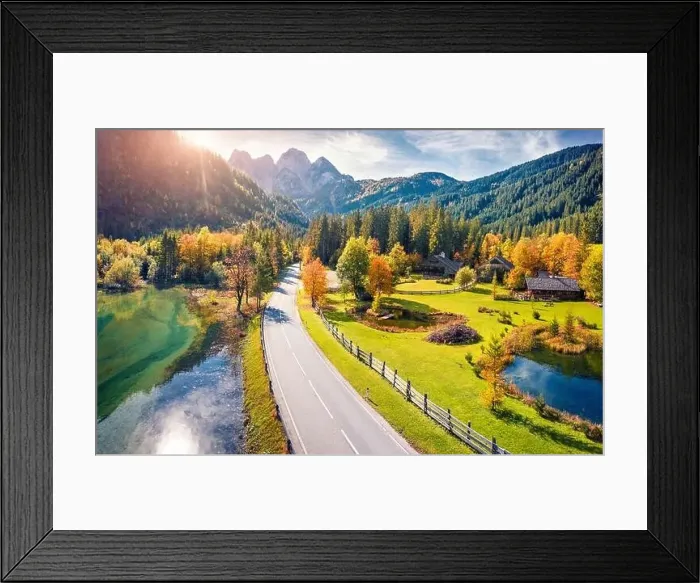 Framed Print : View from flying drone. Bright autumn view of Gosaubach lake Framed Print : View from flying drone. Bright autumn view of Gosaubach lake