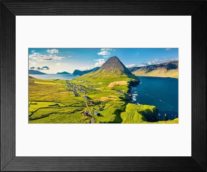 Framed Print : View from flying drone. Perfect summer scene of Vidareidi village Framed Print : View from flying drone. Perfect summer scene of Vidareidi village