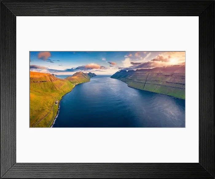 Framed Print : View from flying drone. Gorgeous summer sunrise on Kalsoy island Framed Print : View from flying drone. Gorgeous summer sunrise on Kalsoy island