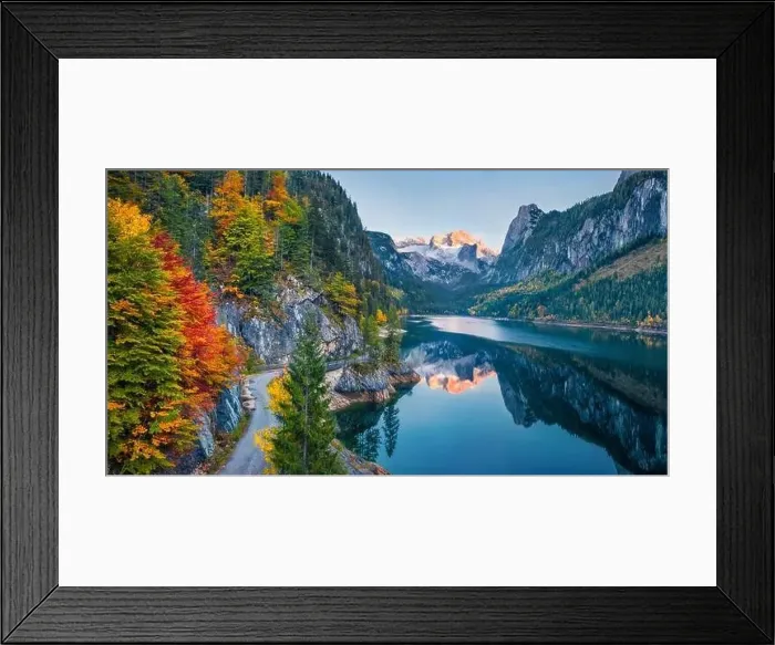Framed Print : View from flying drone. Colorful autumn view of Gosausee (Vorderer) lake with Dachstein glacieron background Framed Print : View from flying drone. Colorful autumn view of Gosausee (Vorderer) lake with Dachstein glacieron background