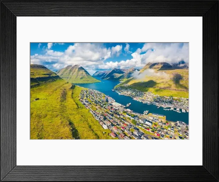 Framed Print : View from flying drone. Captivating summer cityscape of Klaksvik town Framed Print : View from flying drone. Captivating summer cityscape of Klaksvik town