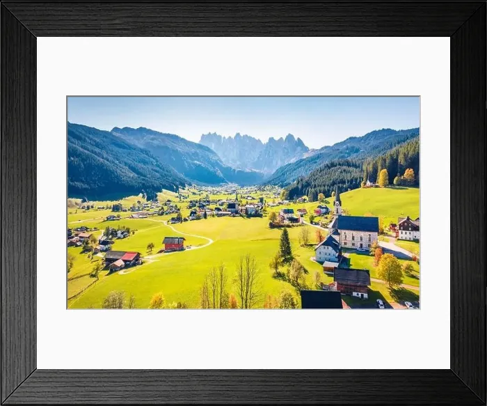 Framed Print : View from flying drone. Sunny morning scene of Evangelische Pfarrgemeinde A Framed Print : View from flying drone. Sunny morning scene of Evangelische Pfarrgemeinde A