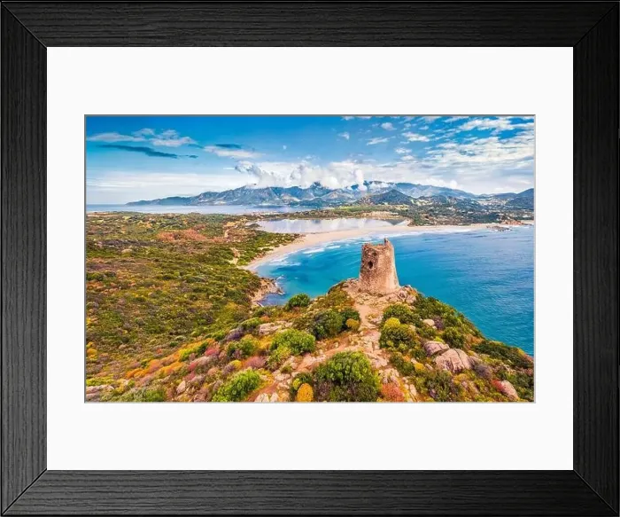 Framed Print : View from flying drone. Incredible summer scene of Torre di Porto Giunco tower on Carbonara cape