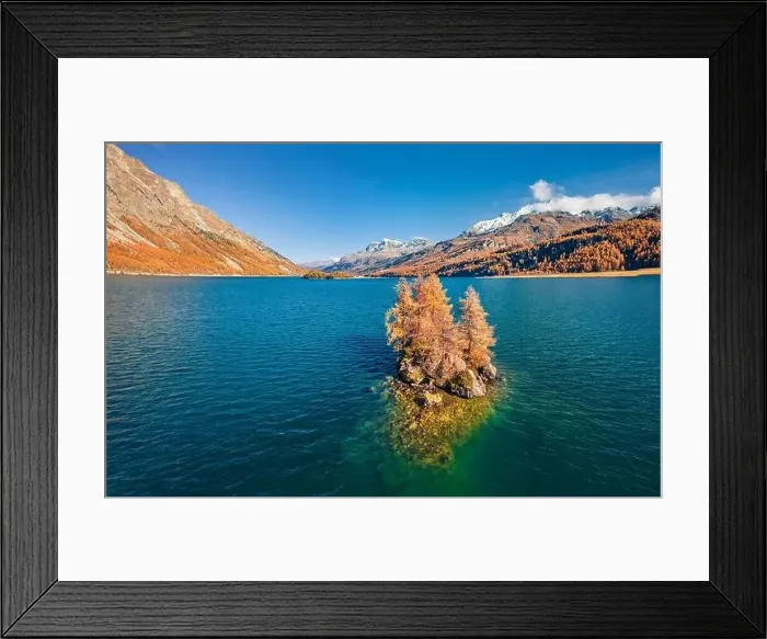 Framed Print : View from flying drone. Bright morning view of Sils Lake (Silsersee) Framed Print : View from flying drone. Bright morning view of Sils Lake (Silsersee)