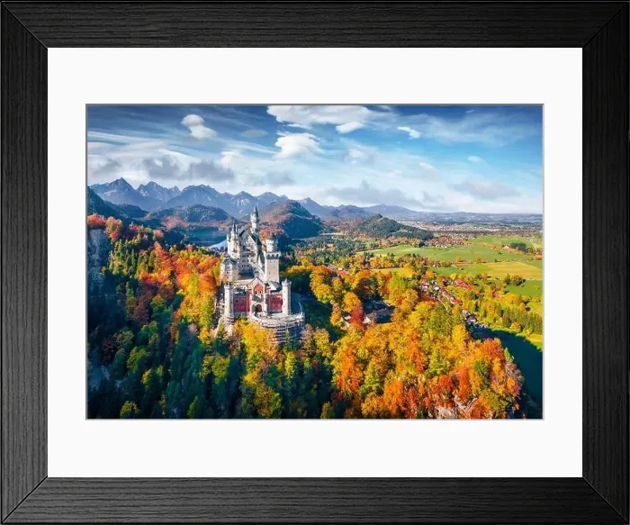 Framed Print : View from flying drone. Gorgeous autumn scene of Neuschwanstein Castle Framed Print : View from flying drone. Gorgeous autumn scene of Neuschwanstein Castle