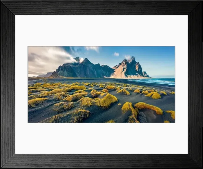 Framed Print : View from flying drone. Spectacular autumn scene of Stokksnes cape with Vestrahorn (Batman Mountain) on background Framed Print : View from flying drone. Spectacular autumn scene of Stokksnes cape with Vestrahorn (Batman Mountain) on background