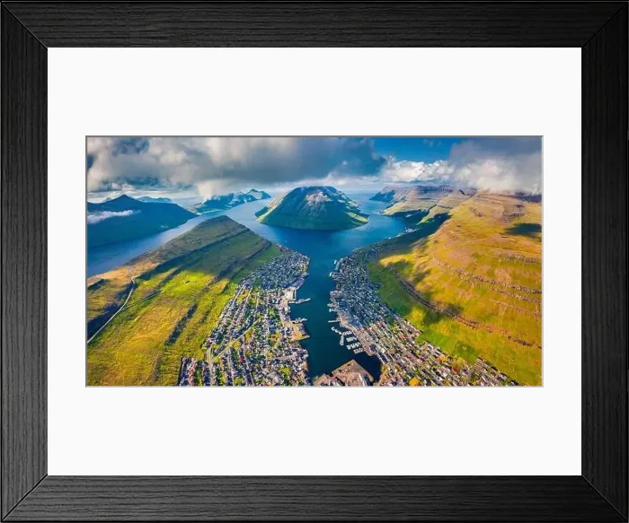 Framed Print : View from flying drone. Exciting summer cityscape of Klaksvik town Framed Print : View from flying drone. Exciting summer cityscape of Klaksvik town