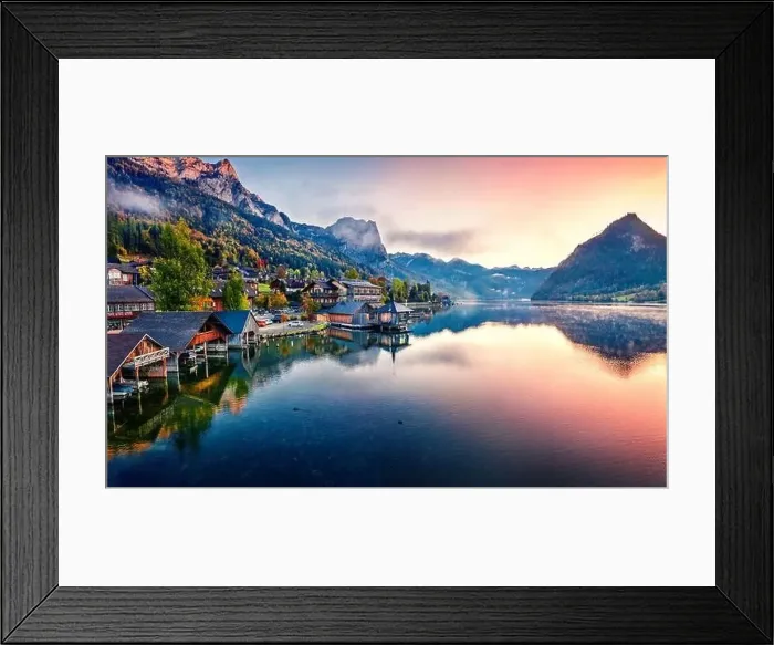 Framed Print : View from flying drone. Awesome sunrise on Grundlsee lake Framed Print : View from flying drone. Awesome sunrise on Grundlsee lake