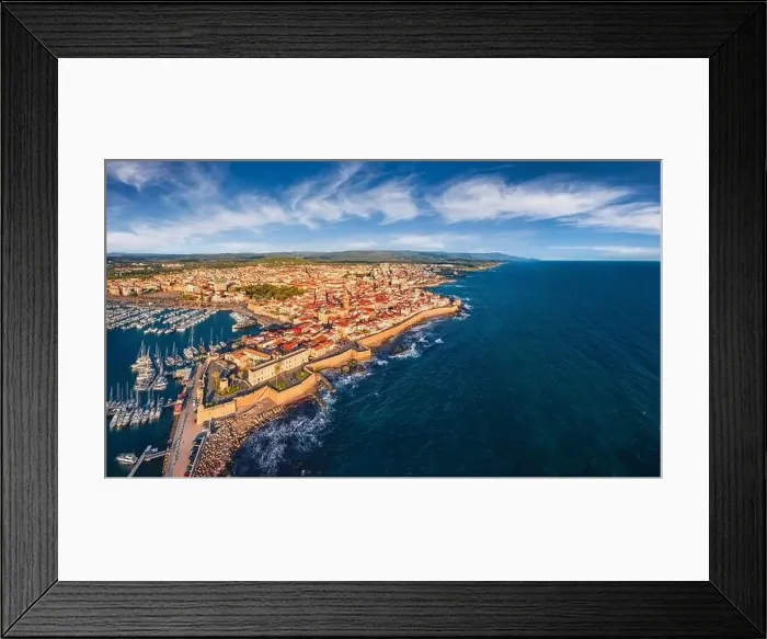 Framed Print : View from flying drone. Wonderful summer cityscape of Alghero port
