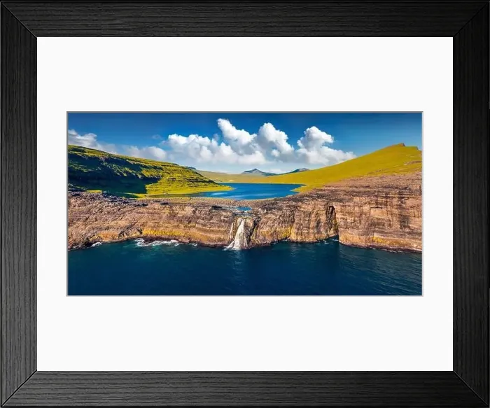 Framed Print : View from flying drone. Panoramic morning view of Bosdalafossur waterfall Framed Print : View from flying drone. Panoramic morning view of Bosdalafossur waterfall