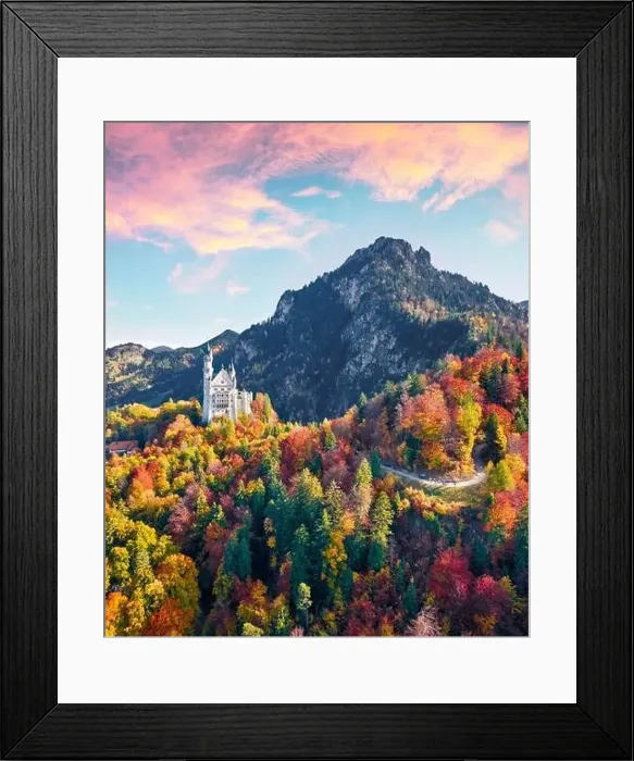 Framed Print : View from flying drone. Amazing autumn scene of Neuschwanstein Castle Framed Print : View from flying drone. Amazing autumn scene of Neuschwanstein Castle