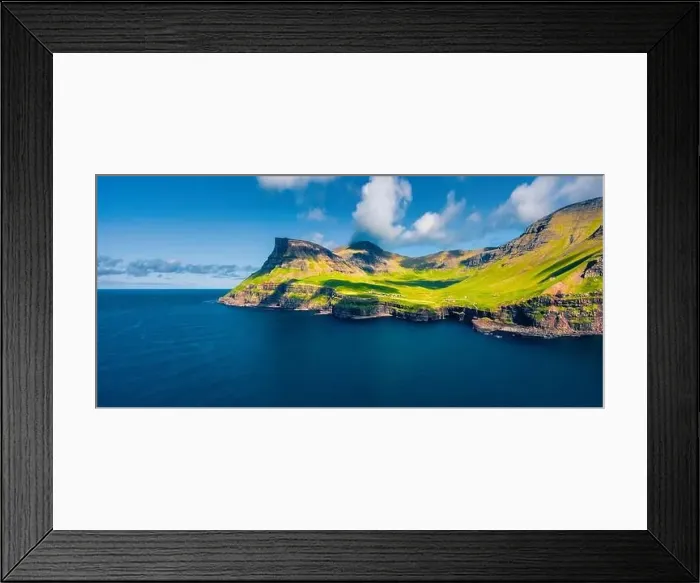 Framed Print : View from flying drone. Panoramic morning scene of Mulafossur Waterfall Framed Print : View from flying drone. Panoramic morning scene of Mulafossur Waterfall