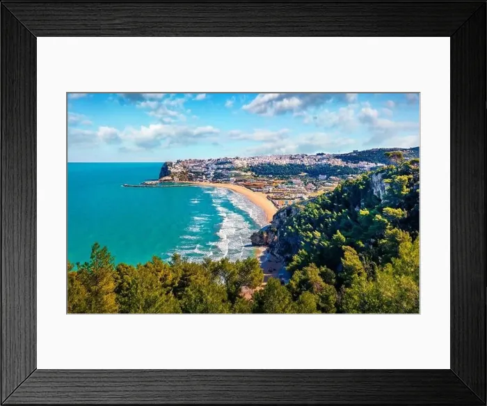 Framed Print : View from flying drone. Sunny summer cityscape of Peschici town Framed Print : View from flying drone. Sunny summer cityscape of Peschici town