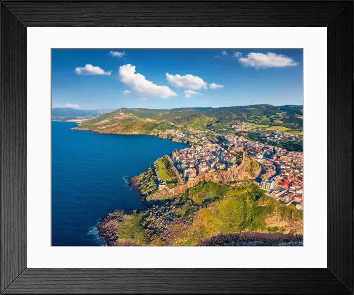 Framed Print : View from flying drone. Awesome spring cityscape of Castelsardo port Framed Print : View from flying drone. Awesome spring cityscape of Castelsardo port