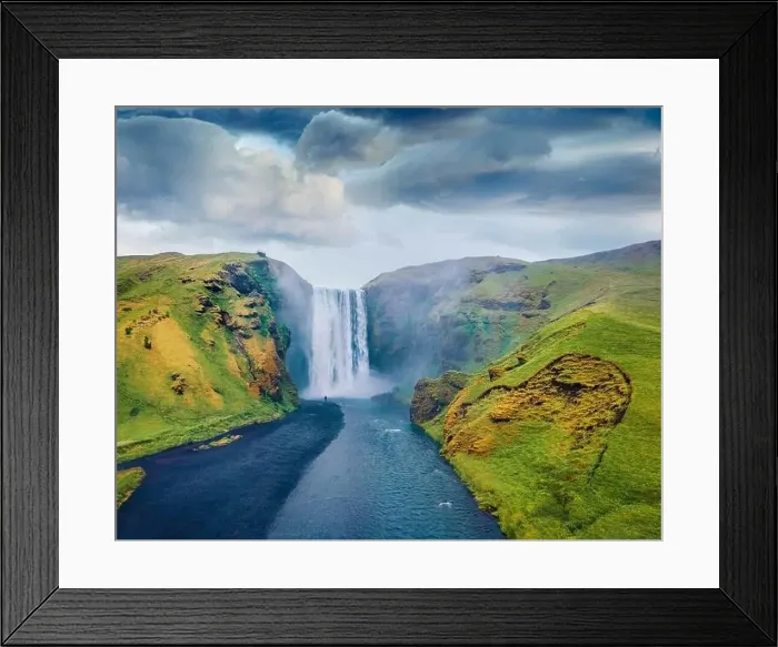 Framed Print : View from flying drone. Dramatic midnight sun view of Skogafoss Waterfall