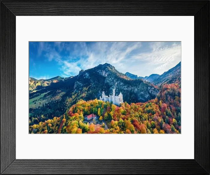 Framed Print : View from flying drone. Spectacular autumn scene of Neuschwanstein Castle Framed Print : View from flying drone. Spectacular autumn scene of Neuschwanstein Castle