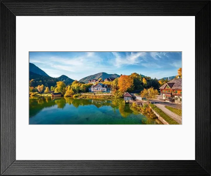 Framed Print : View from flying drone. Stunning morning scene of Grundlsee village and lake Framed Print : View from flying drone. Stunning morning scene of Grundlsee village and lake