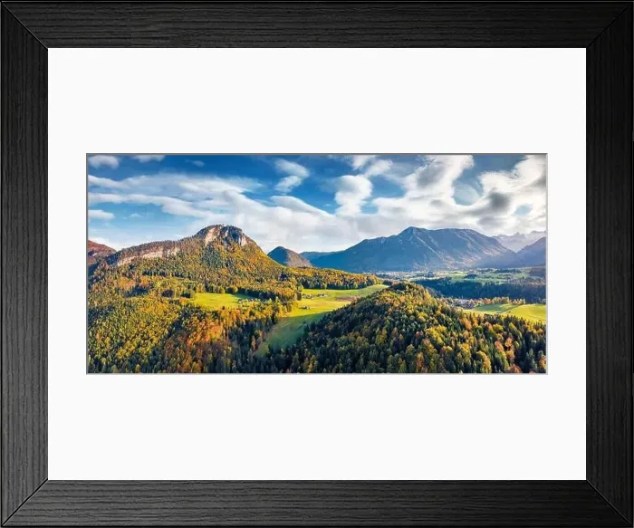 Framed Print : View from flying drone. Panoramic autumn view of Altaussee village Framed Print : View from flying drone. Panoramic autumn view of Altaussee village