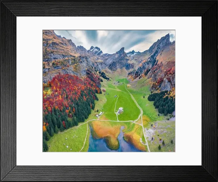Framed Print : View from flying drone. Amazing morning view of Seealpsee lake Framed Print : View from flying drone. Amazing morning view of Seealpsee lake