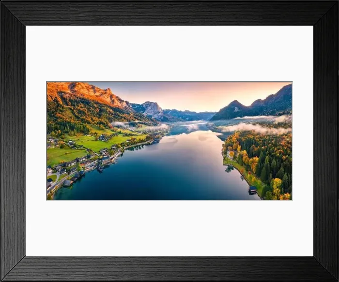 Framed Print : View from flying drone. Unbelievable morning scene of Grundlsee lake Framed Print : View from flying drone. Unbelievable morning scene of Grundlsee lake