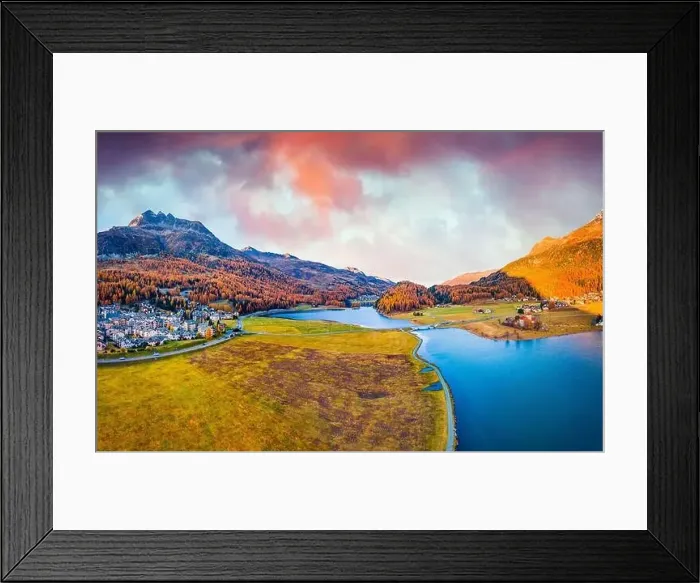 Framed Print : View from flying drone. Amazing autumn scene of Silvaplana village Framed Print : View from flying drone. Amazing autumn scene of Silvaplana village