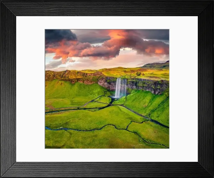 Framed Print : View from flying drone. Fabulous summer view of Seljalandsfoss waterfall Framed Print : View from flying drone. Fabulous summer view of Seljalandsfoss waterfall