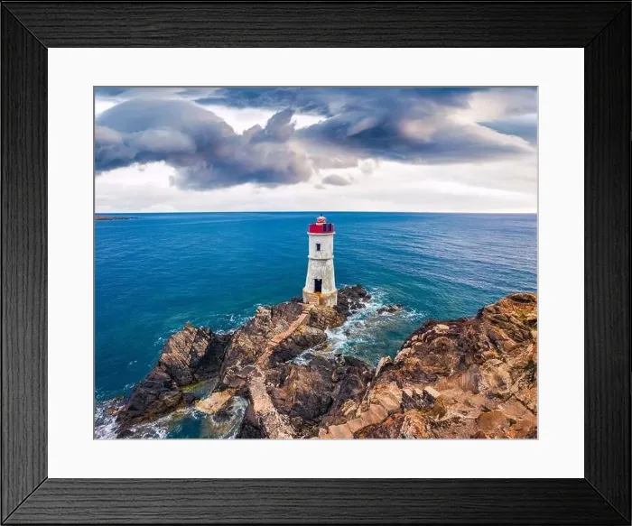 Framed Print : View from flying drone. Dramatic morning view of di Capo Ferro Lighthose Framed Print : View from flying drone. Dramatic morning view of di Capo Ferro Lighthose