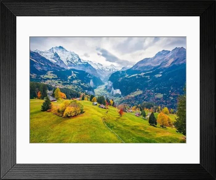 Framed Print : View from flying drone of Wengen village Framed Print : View from flying drone of Wengen village