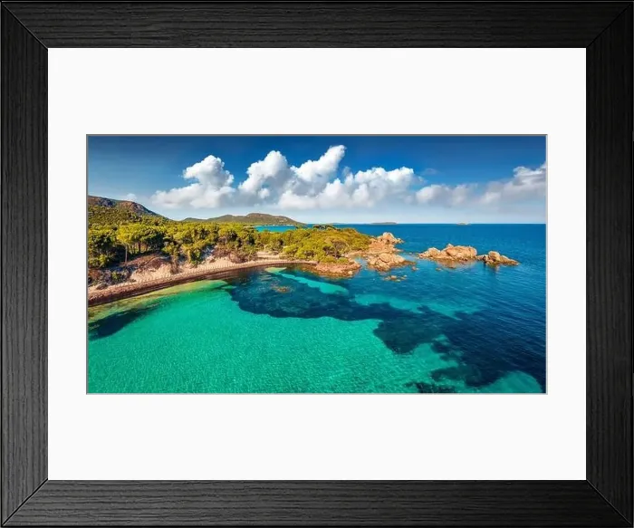 Framed Print : View from flying drone. Aerial summer scene of Tamaricciu beach