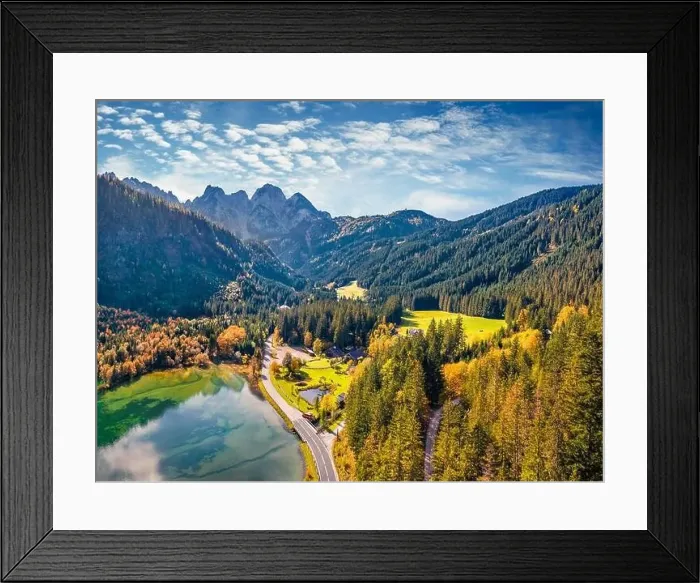 Framed Print : View from flying drone. Breathtaking autumn view of Gosaubach lake Framed Print : View from flying drone. Breathtaking autumn view of Gosaubach lake