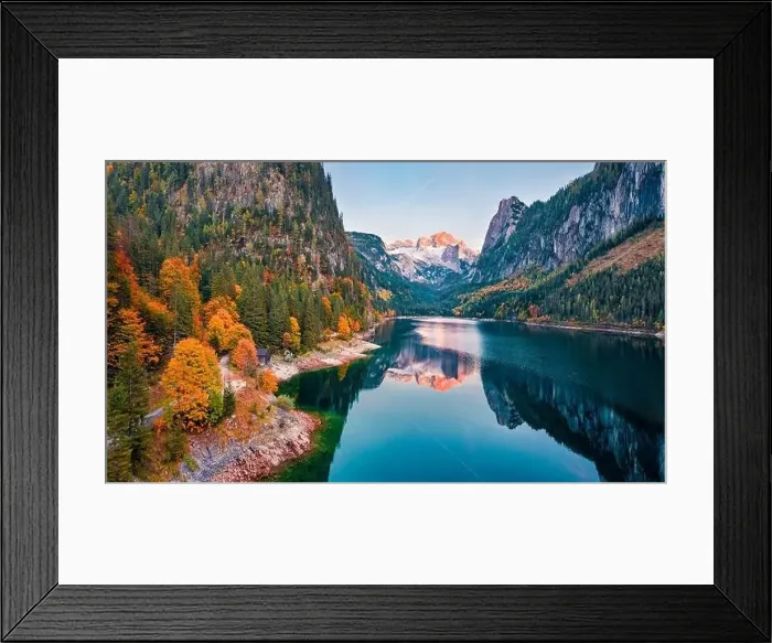 Framed Print : View from flying drone. Captivating autumn view of Gosausee (Vorderer) lake with Dachstein glacieron background Framed Print : View from flying drone. Captivating autumn view of Gosausee (Vorderer) lake with Dachstein glacieron background