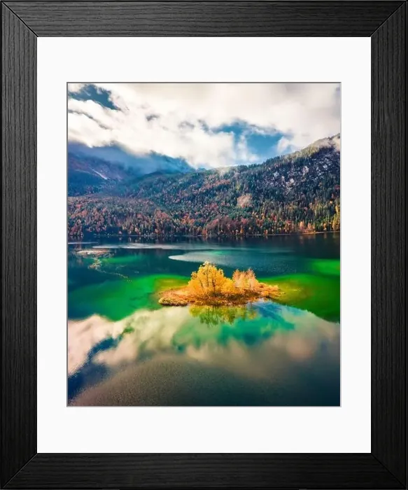 Framed Print : View from flying drone. Dramatic morning view of Eibsee lake with Zugspitze mountain range on background Framed Print : View from flying drone. Dramatic morning view of Eibsee lake with Zugspitze mountain range on background