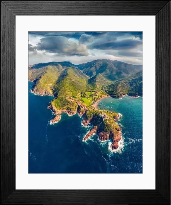 Framed Print : View from flying drone. Spectacular morning scene of Port de Girolata - place