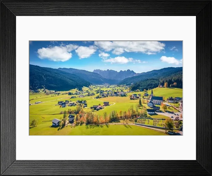 Framed Print : View from flying drone. Amazing morning scene of Evangelische Pfarrgemeinde A Framed Print : View from flying drone. Amazing morning scene of Evangelische Pfarrgemeinde A