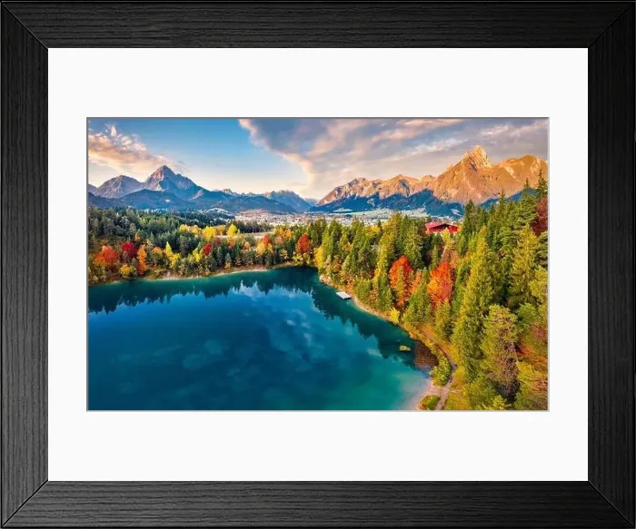 Framed Print : View from flying drone. Majestic morning scene of Urisee lake Framed Print : View from flying drone. Majestic morning scene of Urisee lake