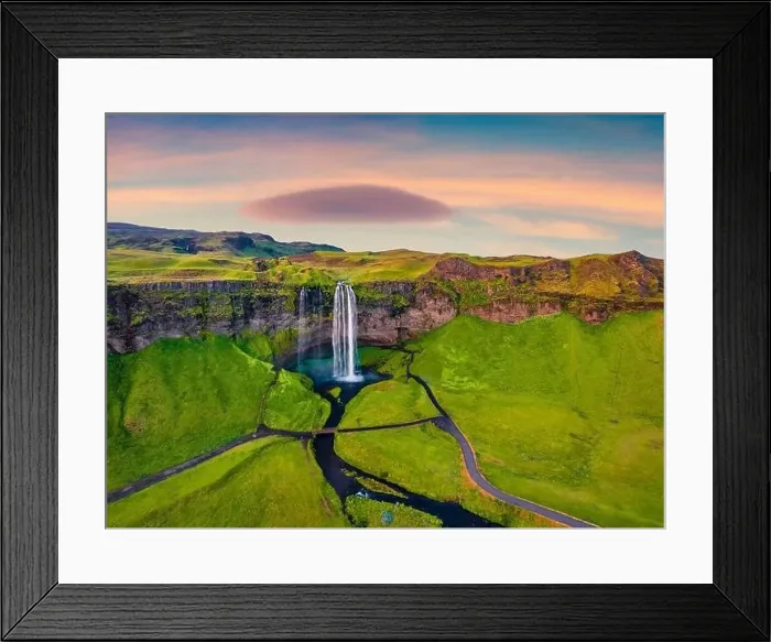 Framed Print : Breathtaking morning view from flying drone of Seljalandsfoss waterfall Framed Print : Breathtaking morning view from flying drone of Seljalandsfoss waterfall