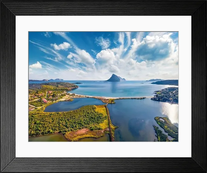 Framed Print : View from flying drone. Fabulous summer view of Spiaggia di Porto Taverna beach Framed Print : View from flying drone. Fabulous summer view of Spiaggia di Porto Taverna beach
