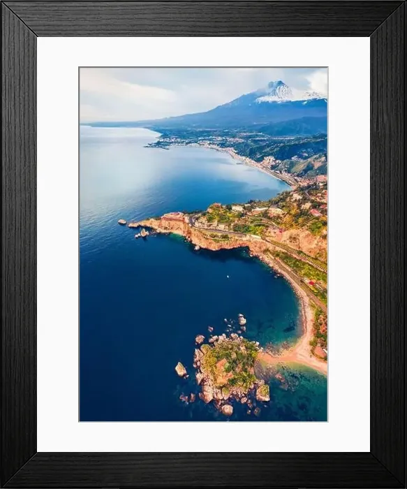 Framed Print : View from flying drone. Amazing morning view of Bella island and Etna volcano on background Framed Print : View from flying drone. Amazing morning view of Bella island and Etna volcano on background