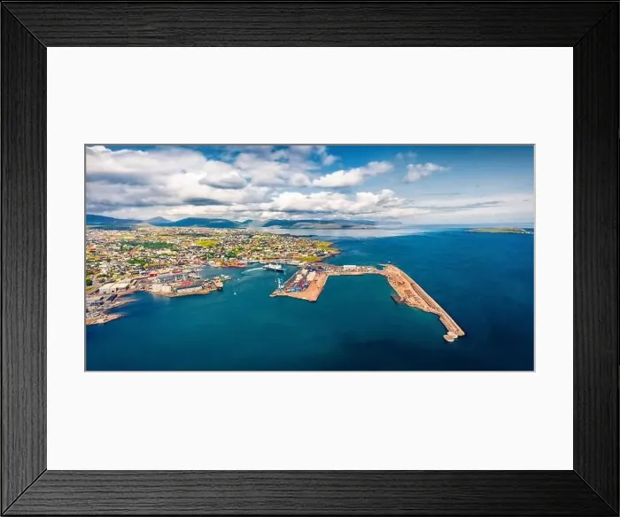 Framed Print : Panoramic summer view from flying drone of Torshavn town Framed Print : Panoramic summer view from flying drone of Torshavn town