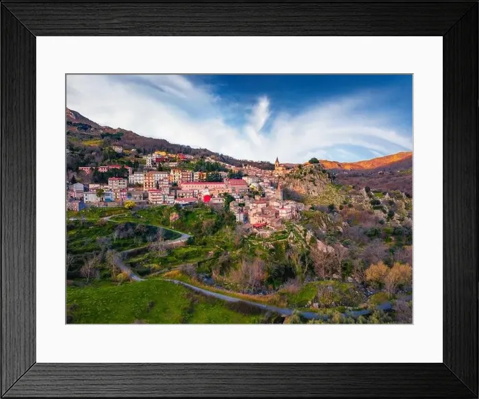 Framed Print : View from flying drone. Stunning spring cityscape of Novara di Sicilia town Framed Print : View from flying drone. Stunning spring cityscape of Novara di Sicilia town